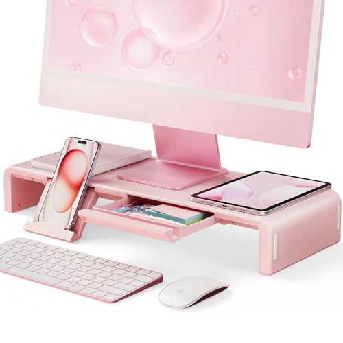 Pink Monitor Stand Riser, Klearlook Foldable, Height Adjustable Computer Stand, Desk Shelf Riser with Storage Drawer &Tablet Phone Stand for Desktop, Laptop - color: Pink