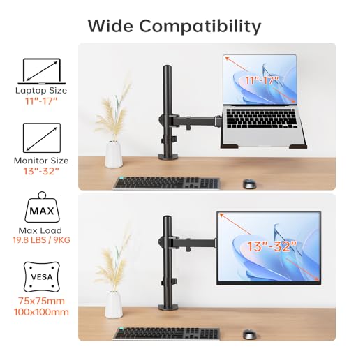 Afaloona Single Monitor and Laptop Mount for 13-32 Inch Screen or 11-17 Inch Notebook, Fully Adjustable Monitor Arm with Removable Vented Tray, Supports Up to 18 lbs, C-Clamp, VESA 75x75/100x100mm - size: Laptop Stand