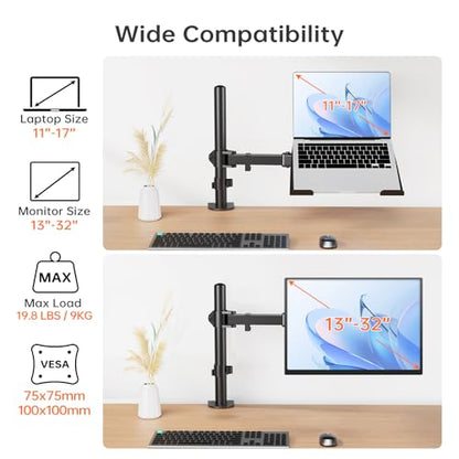 Afaloona Single Monitor and Laptop Mount for 13-32 Inch Screen or 11-17 Inch Notebook, Fully Adjustable Monitor Arm with Removable Vented Tray, Supports Up to 18 lbs, C-Clamp, VESA 75x75/100x100mm - size: Laptop Stand