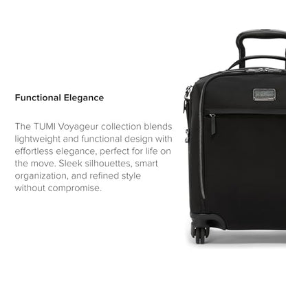 TUMI - Voyageur Leger 4 Wheeled Luggage - Women's Lightweight and Spacious, Sleek Silhouette, Durable Premium Suitcase - 16" Compact Front Pocket Carry On, Black with Gunmetal Hardware - color: BLACK/GUNMETAL, style: 16" Compact Carry-on