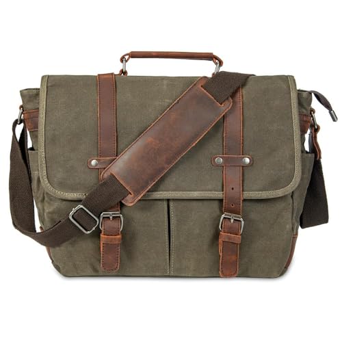 Vintage Genuine Leather Waxed Canvas Briefcase Large Satchel Shoulder Bag Rugged Computer 15.6" Laptop Bag - color: Armygreen