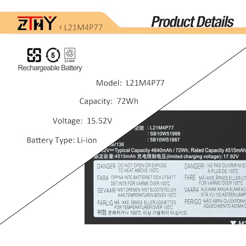 L21M4P77 L21D4P76 L21C4P74 Laptop Battery for Lenovo ThinkPad Z16 Gen 1/2 | 2022 Series Notebook Battery SB10W51989 5B10W51888 SB10W51990 5B10W51889 SB10W51988 5B10W51887 15.52V 72Wh 4640mAh - size: 12.44*3.46*0.24 inch L21M4P77