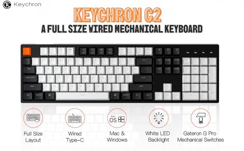 Keychron C2 Full Size 104 Keys Wired Mechanical Gaming Keyboard for Mac Layout, Gateron G Pro Brown Switch/White LED Backlight/Double Shot ABS Keycaps/USB C Computer Keyboard for Windows Laptop
