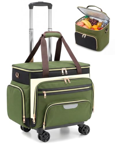 Amythe Rolling Teacher Tote Bag with Lunch Box, Accordion Organizer, 5-Wheel Laptop Bag, 15.6" Laptop Compartment Work Bag - color: Green