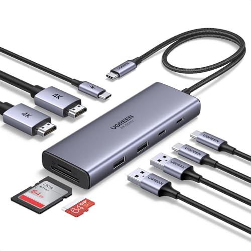 UGREEN 9-in-1 USB C Docking Station, Dual Monitor 4K@60Hz, USB C Hub with 2xHDMI, 5Gbps USB-A&C Data Ports, 100W PD, SD/TF 3.0, 15'' Cable, Revodok Pro Laptop USB-C Dock for HP, Thinkpad,Dell and More