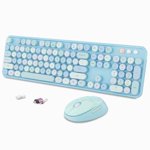 Wireless Keyboard and Mouse Combo, Ergonomic Full Size Typewriter Retro Round Keycaps Keyboard, Compatible with Windows, PC, Perfer for Home and Office Keyboards (Blue - color: Blue