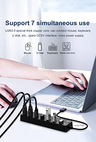 Tianle USB Hub, 7-Port USB 3.0 Ultra Slim Data Hub with Individual LED Power Switches Compatible with MacBook Air, iMac, Surface Pro, Laptop, USB Flash Drives, Mobile HDD - size: 7Port Switches