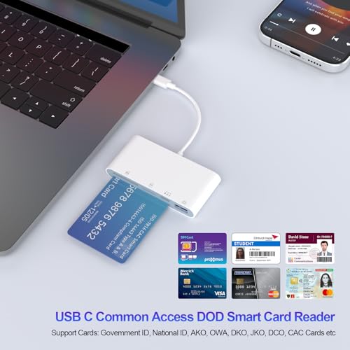 5-in-1 Multi USB C SD/TF/Smart Card Slot+USB OTG Memory Card Reader for iPhone 16/iPad Pro，DOD Military Common Access CAC Smart ID Card Reader for iPhone 16 15/iPad Pro/Mac/Samsung/Laptop/Tablets - color: white