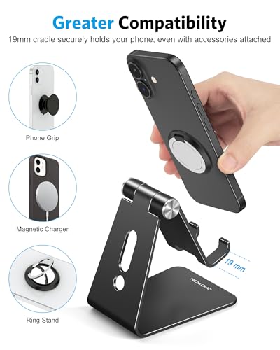 OMOTON C2 Adjustable Aluminum Cell Phone Stand with Charging Cutout, Black | Sturdy 3mm Aluminum, Charging Port, 270° Adjustable, Non-Slip Silicone Pads, Works with Thick Cases, for All Smartphones - color: Black