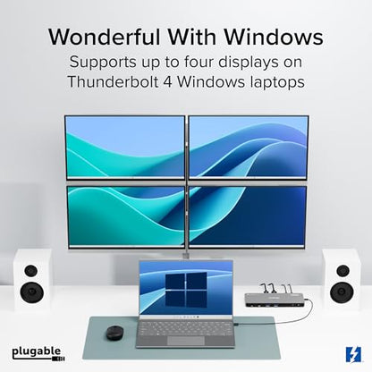 Plugable Thunderbolt 4 Dock for Quad Monitors 100W, Thunderbolt Docking Station Connects up to Four 4K Monitors for Windows and Mac Laptops, 2x HDMI, 4x Thunderbolt 4/USB C, Driver Required TBT-6950PD