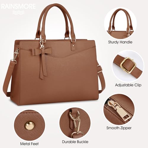 RAINSMORE Laptop Bag for Women 15.6 Inch PU Leather Laptop Tote Professional Business Office Work Bag Waterproof Briefcase Computer Tote Bag Large Lightweight Handbag Shoulder Bag - color: Dark Brown