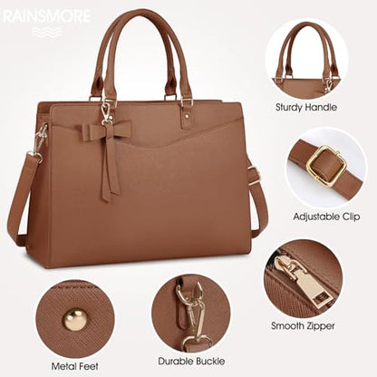 RAINSMORE Laptop Bag for Women 15.6 Inch PU Leather Laptop Tote Professional Business Office Work Bag Waterproof Briefcase Computer Tote Bag Large Lightweight Handbag Shoulder Bag - color: Dark Brown