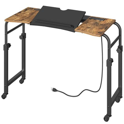 Overbed Table with Wheels and Height Adjustable, Recliner Table with Charging Station, Over the Bed Desk for Bed, Sofa, Office, Rustic Brown and Black SF05UBR