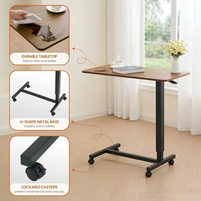 Careboda Overbed Table with Wheels Pneumatic Height Adjustable-Brown | Rolling Bedside Table for Home Hospital&Office