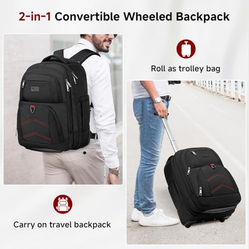 Vessgra Backpack for Men 45L Rolling Backpack, 17.3 Inch Travel Backpack, 4-Wheel Spinner Design Laptop Backpack for Men Work Business,Black (1Pc Black Backpack with 3 Packing Cubes)
