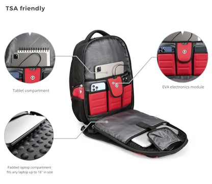 Swissdigital Design Men's Laptop Backpack for College and Business Travel with Integrated USB Charging Port and RFID Protection Fits 15.6" Laptops Black/Red | J14-41 - color: Black/Red