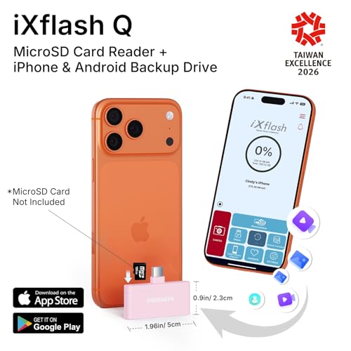 Micro SD Card Reader for iPhone 17/16/15, iPad, Android, Mac, PC, Laptop, USB C Memory Card Reader Adapter, Auto Photo Backup While Charging, Apple MFi Photo Stick iXflash Q w/Free App Pink - color: Pink