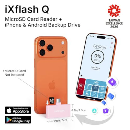 Micro SD Card Reader for iPhone 17/16/15, iPad, Android, Mac, PC, Laptop, USB C Memory Card Reader Adapter, Auto Photo Backup While Charging, Apple MFi Photo Stick iXflash Q w/Free App Pink - color: Pink