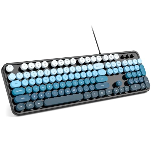 MOWUX Computer Keyboard Wired, Plug and Play USB Retro Round Typewriter Keyboard, Full Size Wired Keyboard with Foldable Stands for Laptop and Office PC- Black Blue Gradient - color: Black Blue Gradient