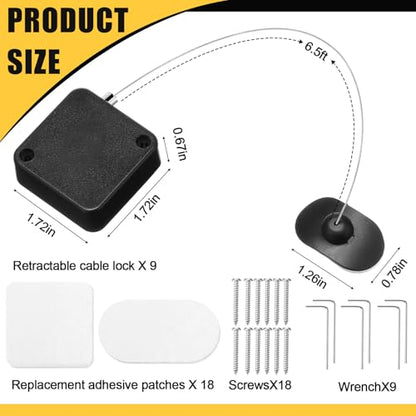 9 Pcs 6.5 ft Retractable Security Cable Lock with Double Sided Adhesive and Screws TV Remote Control Tether Cord Leash Anti Lost Rope Security Lanyard Lock for TV Tablets Showroom