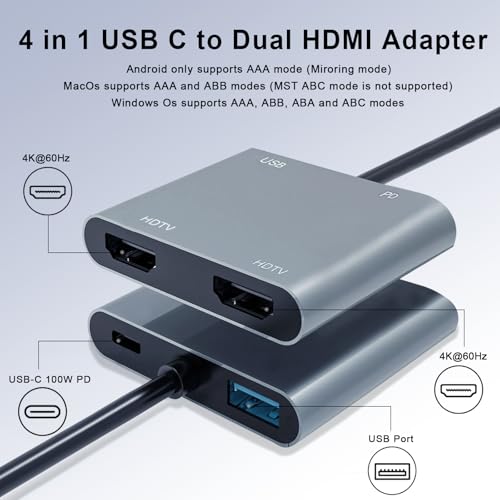 USB C to Dual HDMI Adapter, 4K@60Hz HDMI Splitter for Dual Monitors with USB 3.0, 100W PD Charging, HDMI Splitter Extended Display for MacBook Air/Pro, Dell XPS, HP, Surface, Chromebook - color: Grey 03-USB C Hub