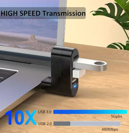 USB 3.0 Hub [90°/180° Degree Rotatable], 4-Port USB Splitter Extender with 3 USB Ports & 1 USB C Power/Data Port, USB Hub for Laptop, Car, MacBook Pro/Air/Pro