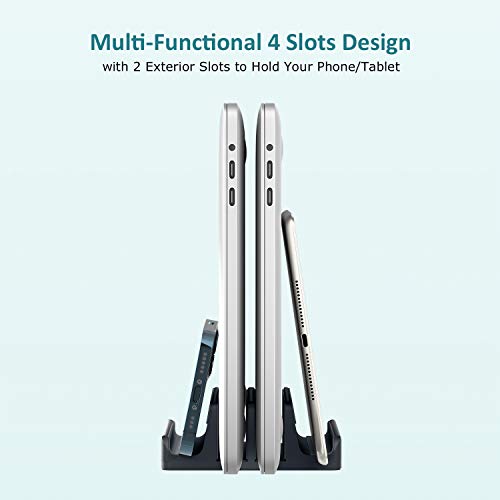 Vertical Laptop Stand - SPACEMax Adjustable GRIPLock Anti-Tip Silicone 4 Slots Aluminum Desktop Holder - Double Dock Stand - 2 Phone Slots Fits Up to 17.3” Laptops, Tablets, Phones - Gray - color: Gray