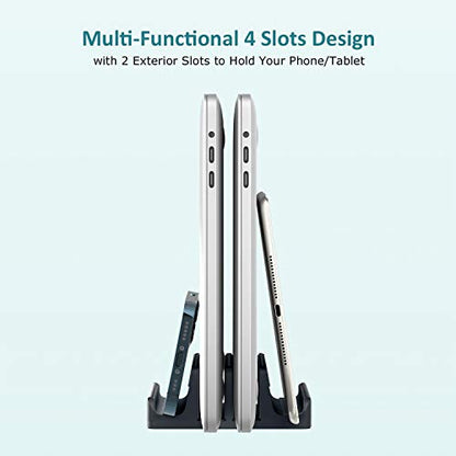 Vertical Laptop Stand - SPACEMax Adjustable GRIPLock Anti-Tip Silicone 4 Slots Aluminum Desktop Holder - Double Dock Stand - 2 Phone Slots Fits Up to 17.3” Laptops, Tablets, Phones - Gray - color: Gray