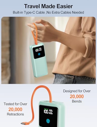 Portable Laptop Charger 24000mAh 65W w/USB C Built-in Cable Green | 65W Fast charging, LED display, Charge 4 devices at once, Pass through, TSA approved, Compatible with Macbook/Notebook/iPhone - color: Green