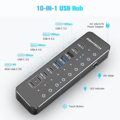 RSHTECH 10-Port Powered USB C Hub 66W with 3x10Gbps USB-3.2 Data Ports (2C + 1A), 4 USB 3.0 Ports (2C + 2A), 2 USB-C PD 45W Charging Ports and PD 100W, USB Expander Splitter for Laptop, RSH-ST10P