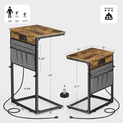 Vagusicc C-Shaped End Table with Charging Station, Small Side Table for Couch, 33" Tall C Table Adjustable Height Side Table, Couch Tables that Slide Under, Sofa Table TV Tray for Living Room, Brown - color: 1pc Rustic Brown
