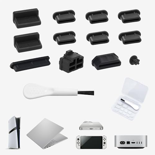 12 PCS Silicone Dust Plugs & Cleaning Brush, USB Port Dust Covers Compatible with iPhone 15 16 17,Kindle,MacBook,Mac mini,PS5,Includes USB-C, USB-A, HDMI, RJ-45, SD Slot and 3.5mm (Transparent) - color: Transparent