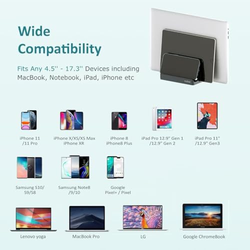 Vertical Laptop Stand - SPACEMax Adjustable GRIPLock Anti-Tip Silicone 4 Slots Aluminum Desktop Holder - Double Dock Stand - 2 Phone Slots Fits Up to 17.3” Laptops, Tablets, Phones - Gray - color: Gray