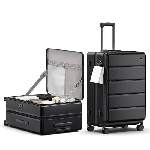 28 Inch Checked Luggage Side Opening Expandable Hardshell Suitcase, 100% PC Lightweight with Brake Spinner Wheels, TSA Lock - Large Travel Suitcase - color: Black, size: 28 Inch-EXT