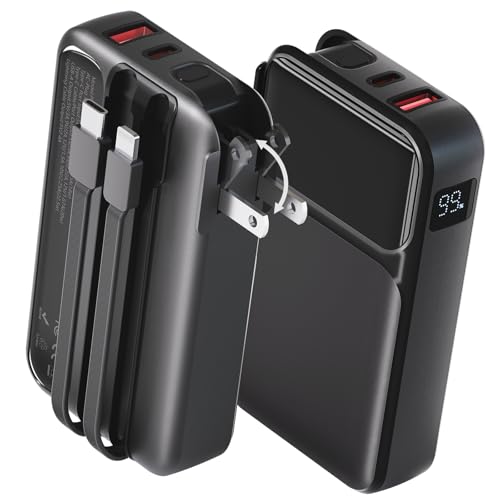 Portable Charger with Wall Plug, 20000mAh Power Bank 22.5W Fast Charging, Built-in Lightning & USB-C Cables, Plug in Portable Charger for Android Samsung iPhone, 4-in-1 Travel Charger