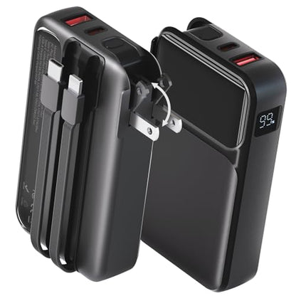 Portable Charger with Wall Plug, 20000mAh Power Bank 22.5W Fast Charging, Built-in Lightning & USB-C Cables, Plug in Portable Charger for Android Samsung iPhone, 4-in-1 Travel Charger