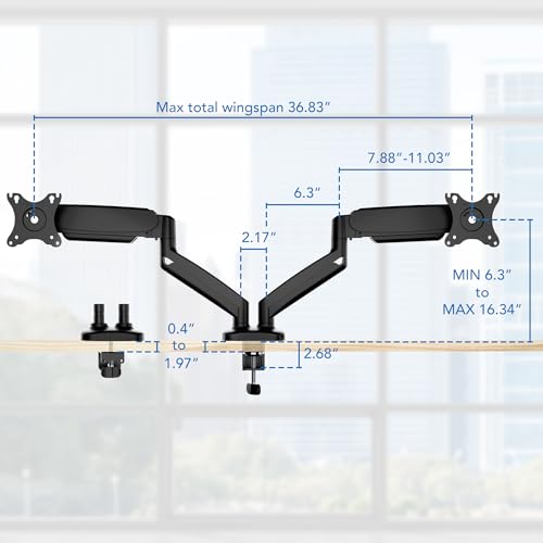 Mount-It! Dual Monitor Desk Mount, 13-32", 17.6 lbs Each | Two independent gas spring arms, full motion, VESA 75x75 & 100x100, C-clamp & grommet base.
