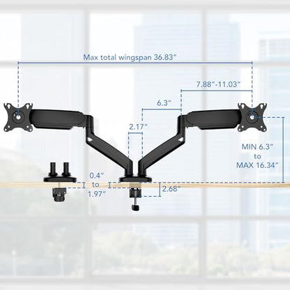 Mount-It! Dual Monitor Desk Mount, 13-32", 17.6 lbs Each | Two independent gas spring arms, full motion, VESA 75x75 & 100x100, C-clamp & grommet base.