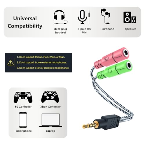 Headphone Mic Splitter 3.5mm Headset Adapter (Microphone + Audio) | Braided 2 TRS Female to TRRS Male CTIA Stereo Y Jack for Dual-Plug Game Headset to Xbox, PS4, Phone, Laptop, PC - 8 inch - size: 1 Pack / 0.6 Feet