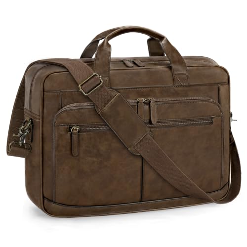 RAINSMORE Briefcase for Men, 16 Inch PU Leather Laptop Messenger Bag, Brown | Water-Resistant Computer Bag with 13 Compartments, Luggage Strap and 3 Carry Options for Commute, Office & Travel, 3 colors - color: Brown