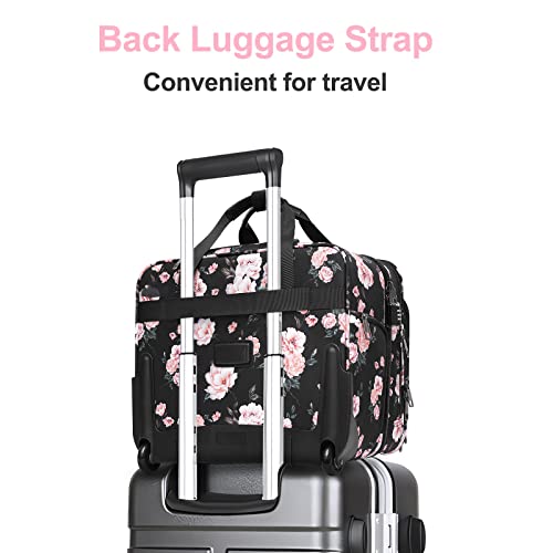 MOSISO Rolling Briefcase Laptop Bag for Women, Wheel Briefcase Teacher Bag for 15.6 inch with Coded Lock, Overnight Camellia Rolling Computer Bag on 2 Wheels with Belt for Work Travel Business, Black