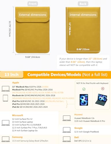 HYZUO 13 Inch Laptop Sleeve PC Case for MacBook Pro 13 M2 M1 2026-2016, 13" MacBook Neo 2026 A3404, MacBook Air 13 M5 A3449 M4 M3 M2 M1 2026-2018, 13" iPad Pro/Air, Surface Pro, XPS 13, OliveYellow - color: Olive Yellow, size: 13 Inch
