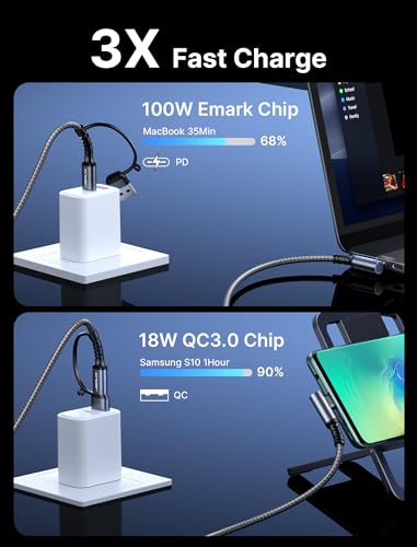 JSAUX 3-in-1 USB-C Cable 2-Pack 10FT, 100W Right-Angle Fast Charging, Grey | Right-Angle Braided Cables with USB-A Adapter, 2 x 10 ft, for iPhone 17/16/15, Galaxy S26/S25/S24, iPad, MacBook, Steam Deck - color: Grey, size: 10FT