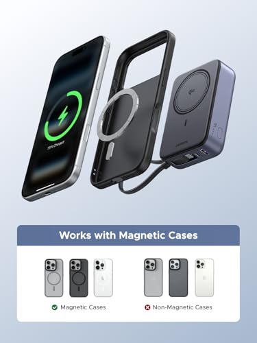 UGREEN 20000mAh Wireless Power Bank with 30W PD Fast Charging and Qi2 15W, Portable Battery Pack for iPhone with Built-in USB-C Cable, External Portable Battery Compatible with iPhone 17/16/15, Galaxy