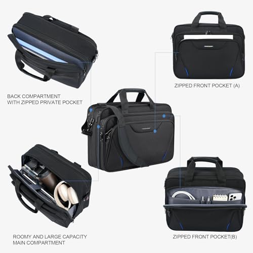 KROSER 17.3 Inch Laptop Computer Briefcase, Water-Repellent Messenger Bag | Expandable design, padded laptop compartment,shoulder strap and luggage strap for business, travel, men and women-Black/Blue - color: Black/Blue