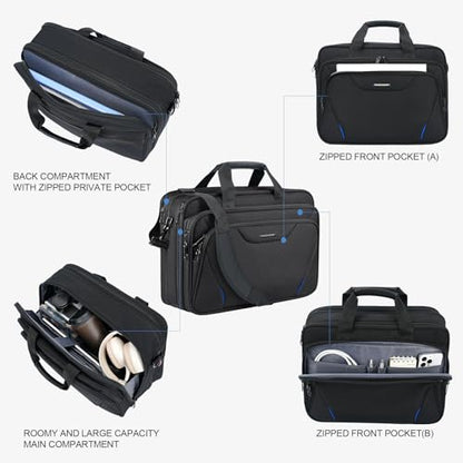 KROSER 17.3 Inch Laptop Computer Briefcase, Water-Repellent Messenger Bag | Expandable design, padded laptop compartment,shoulder strap and luggage strap for business, travel, men and women-Black/Blue - color: Black/Blue