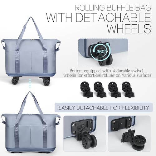 VOOWO Duffel Bag with Wheels - Rolling Foldable Expandable Duffle Bag with Wheels for Travel, Rolling Luggage Bag Carry On Travel Bag with Wheels, Large Wheeled Overnight Weekender Bag (Blue) - color: Blue
