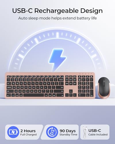 seenda Rechargeable Wireless Keyboard and Mouse Combo, Rose Gold & Black | Quiet, slim full-size keyboard with numpad, 2.4GHz USB receiver, USB-C charging, 3-level DPI mouse for Windows PCs/laptops - color: Rose Gold & Black