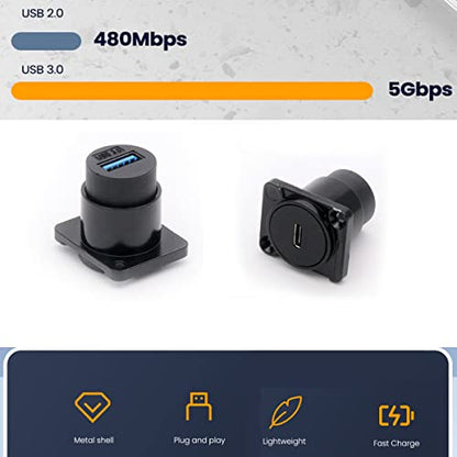 PENGLIN USB C to USB 3.0 Adapter Pack of 2,Female to Female USB Converter | Stable Data Transmission & Fast Charging,D Series Panel Mount Jack,With Waterproof&Dustproof Cap