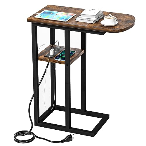 eiskah C Shaped End Table with Charging Station, Side Table for Living Room & Bedroom, Couch Laptop Table with USB Ports & Type-C Fast Charging Port, Snack Tray Table for Couch & Bed - color: Rustic Brown